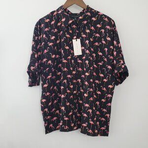 Jasmine & Juliana Womens Black Flamingo Button Front Top Size XL Beach Party NWT